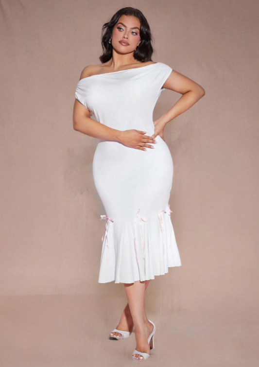 YAMIA BOW DECOR MIDI DRESS - WHITE