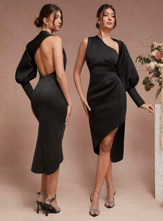 NOVA ONE SHOULDER SCUBA MIDI DRESS