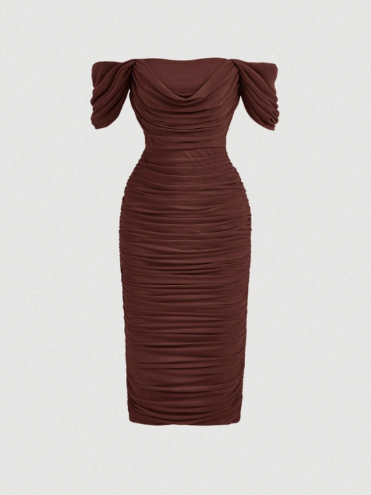 BROOKE OFF SHOULDER DRESS - BROWN