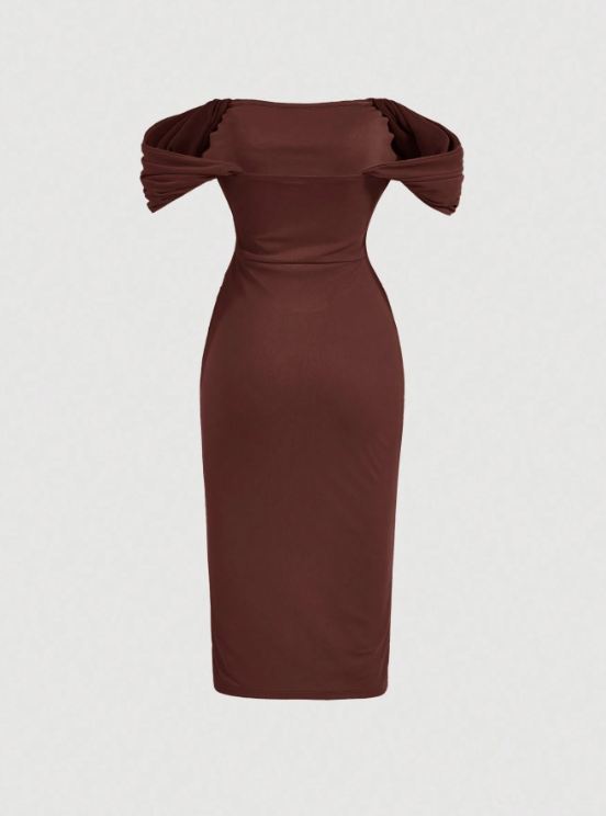 BROOKE OFF SHOULDER DRESS - BROWN