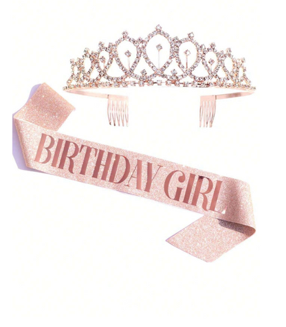 SERAPHINA BIRTHDAY SET CRYSTAL CROWN & SATIN SASH- ROSE GOLD