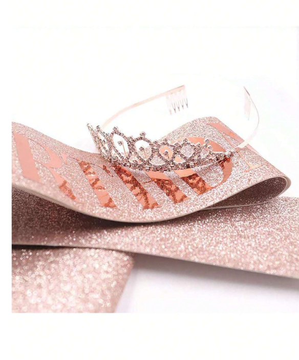 SERAPHINA BIRTHDAY SET CRYSTAL CROWN & SATIN SASH- ROSE GOLD