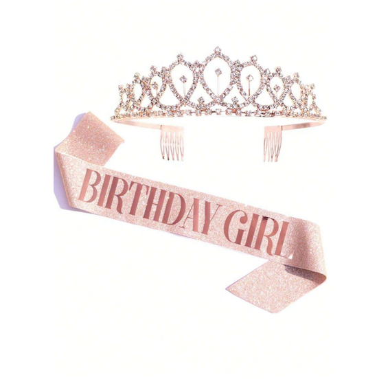 SERAPHINA BIRTHDAY SET CRYSTAL CROWN & SATIN SASH- ROSE GOLD