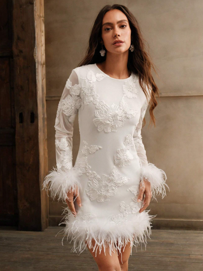 FELICITE EMBROIDERY FEATHER SLEEVE MINI DRESS