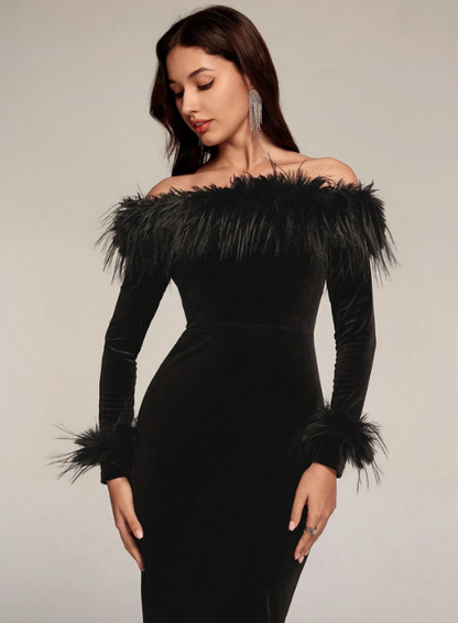 OLIVIA OFF SHOULDER FLUFFY MIDI DRESS