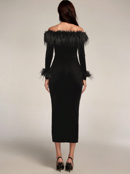 OLIVIA OFF SHOULDER FLUFFY MIDI DRESS