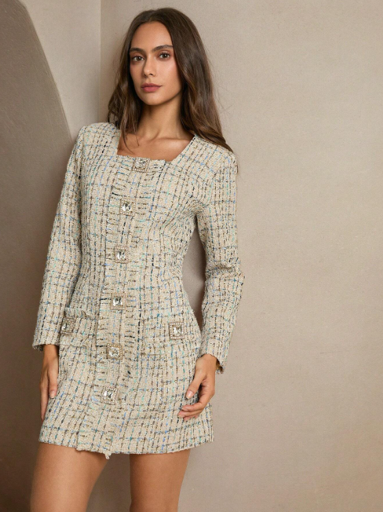 CELIA TWEED RHINESTONE BUTTON DRESS