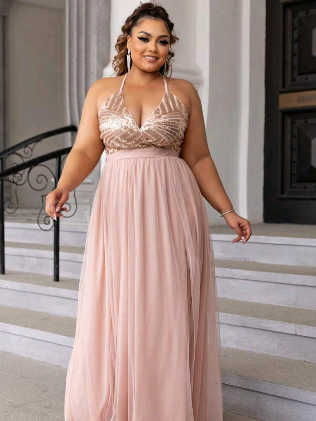 Selena Sequin Split Thigh Maxi Dress - Baby Pink