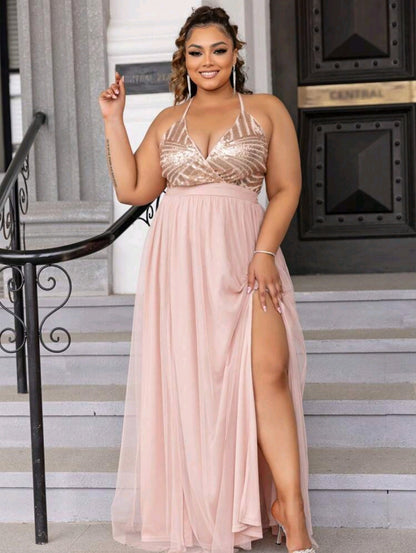 Selena Sequin Split Thigh Maxi Dress - Baby Pink