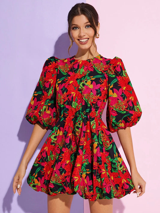 Kelda Lantern Sleeve Tropical Dress